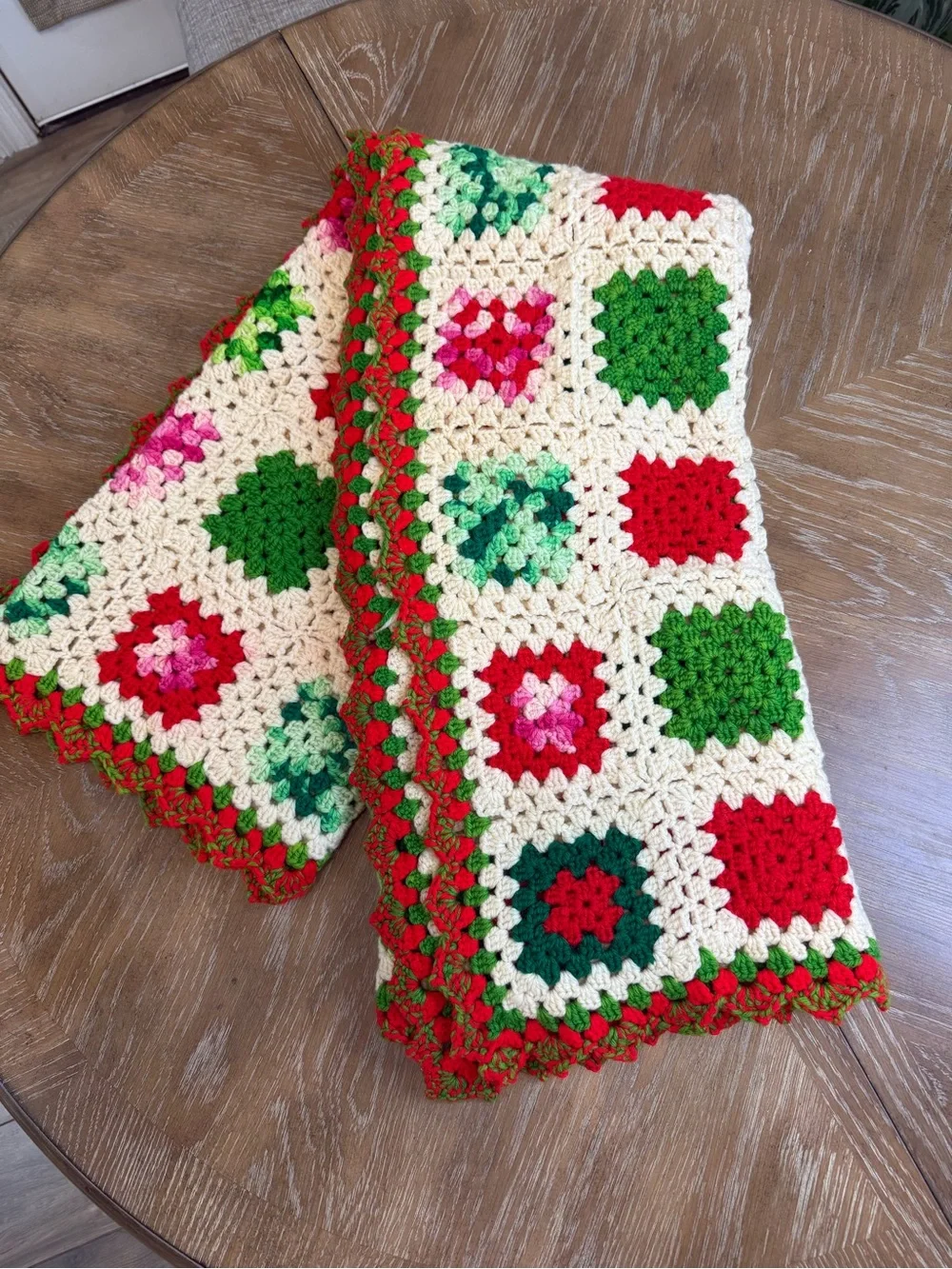 Vintage Hand Crocheted Granny Square Christmas Afghan Blanket